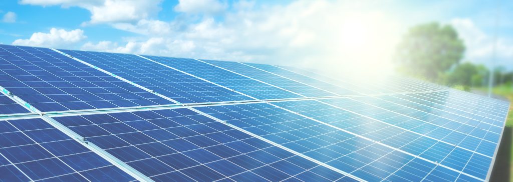 solar panels with sunlight shining
